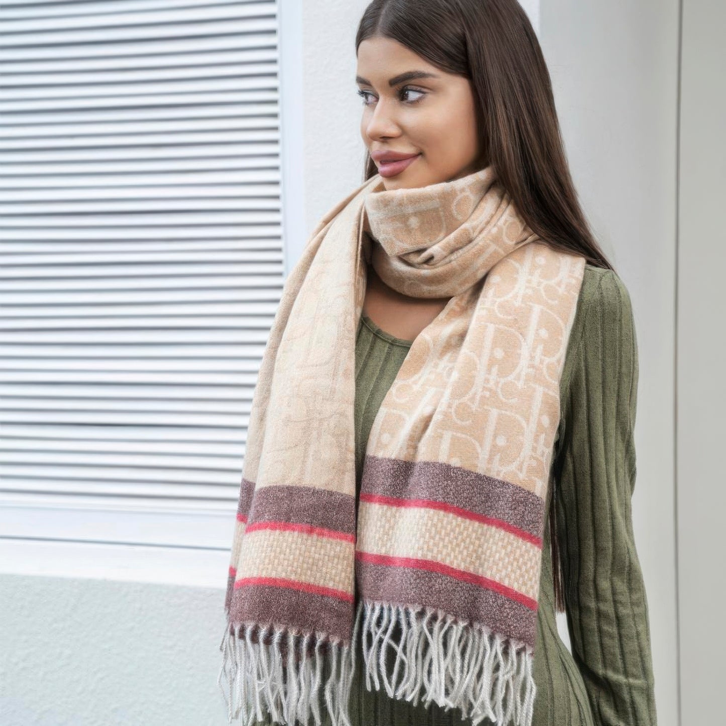 Double stripe blanket scarf with tassel