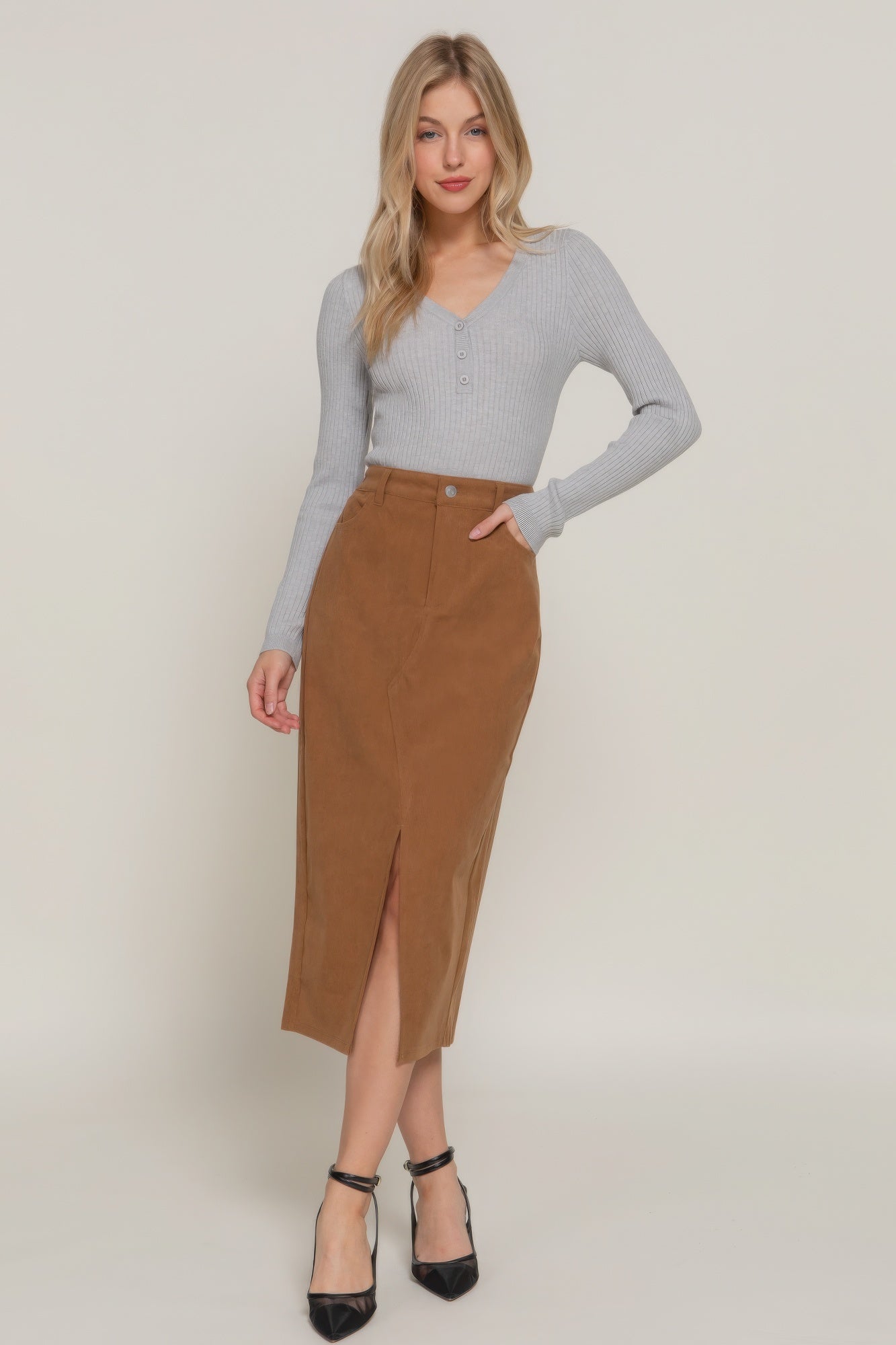 Front Open Slit Corduroy Midi Skirt